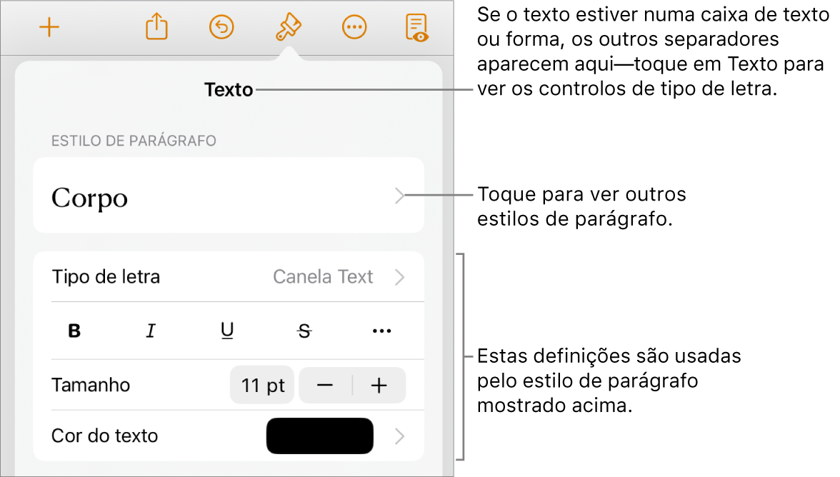 O menu Formatação a apresentar controlos de texto para definir estilos de parágrafo e carácter, tipo de letra, tamanho e cor.