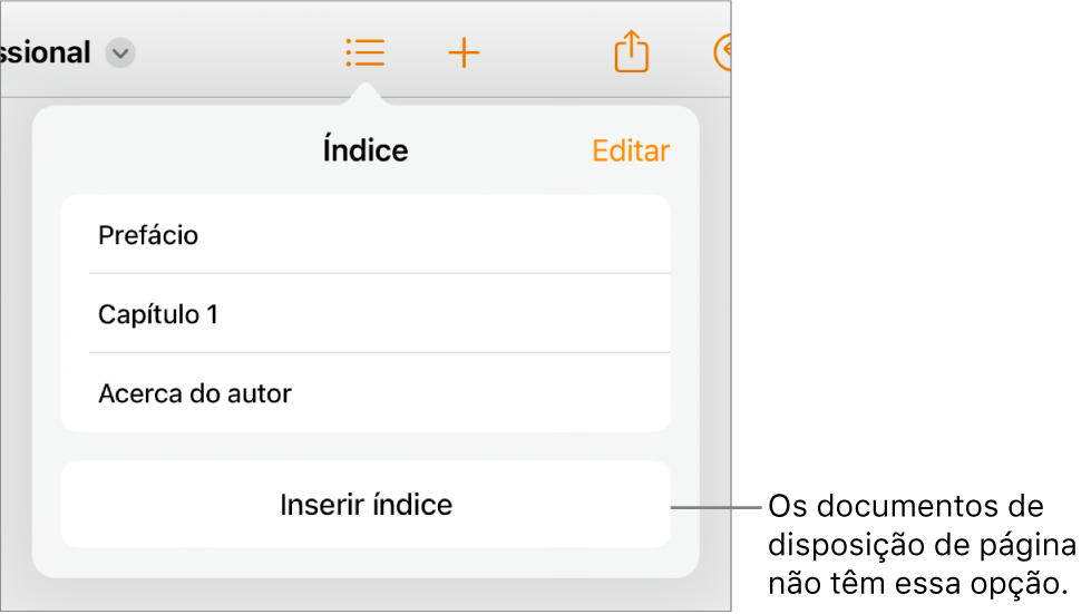 A vista de índice com Editar no canto superior direito, as entradas do índice e o botão Inserir índice na parte inferior.
