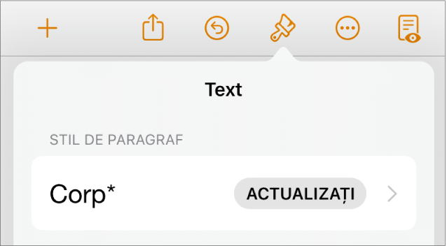 Stilul de paragraf Corp cu un asterisc lângă el și un buton Actualizați în partea dreaptă.