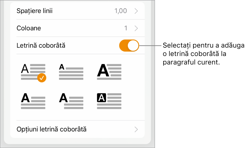 Comenzile Letrină coborâtă situate în partea de jos a meniului Text.