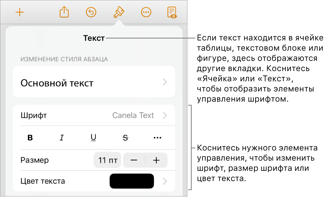 Элементы управления текстом в меню «Формат» для настройки стилей абзацев и символов, шрифта, размера и цвета.