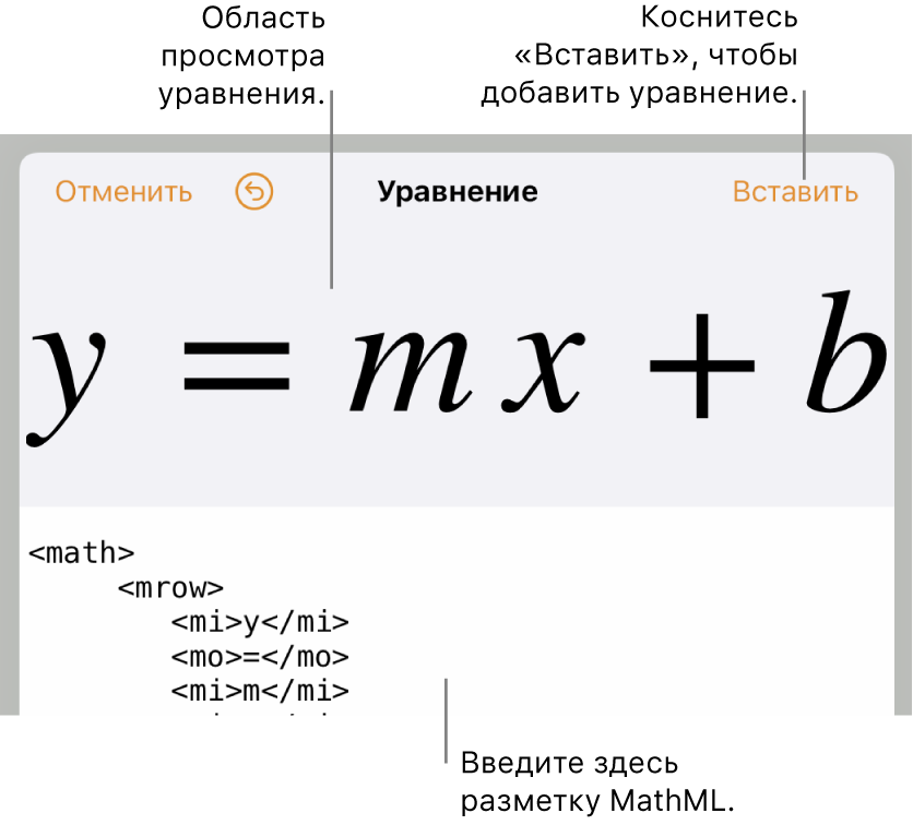 Код MathML для уравнения прямой с угловым коэффициентом и предварительный просмотр формулы выше.