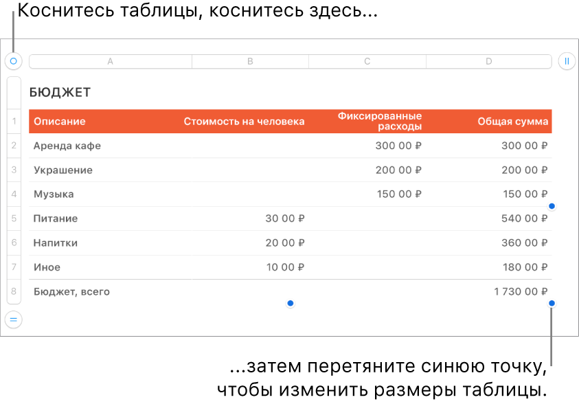 Выбранная таблица с синими точками для изменения размера.