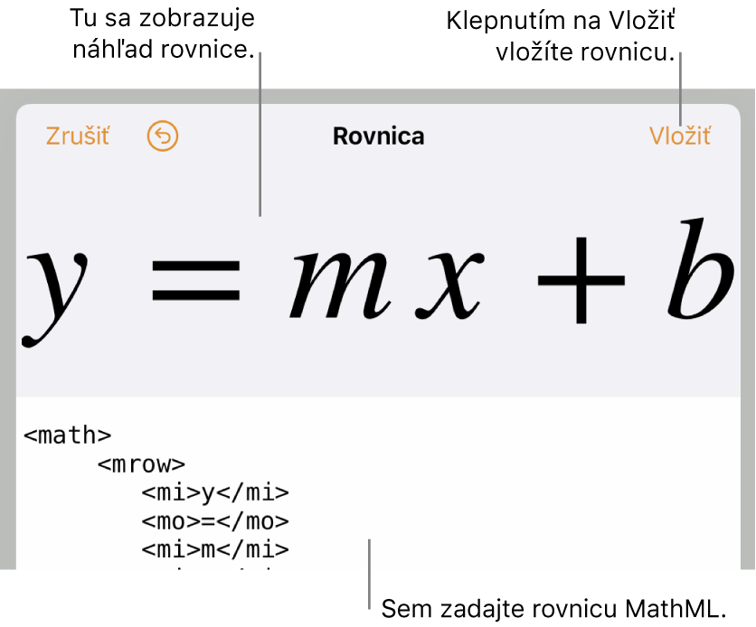 Kód MathML pre rovnicu sklonu čiary, vyššie sa nachádza náhľad vzorca.