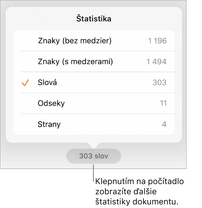 Počítadlo slov s menu ukazujúcim možnosti na zobrazenie počtu znakov s medzerami a bez medzier, počtu odsekov a počtu strán.