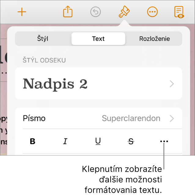 Záložka Text ovládacích prvkov Formát s bublinou pre tlačidlo Ďalšie možnosti textu.