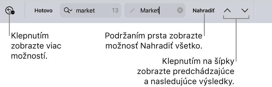 Ovládanie nájdenia a nahradenia textu.