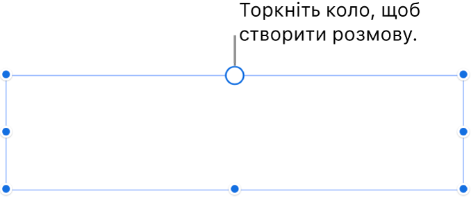 Пусте текстове поле з білим колом угорі й регуляторами розміру в кутах, на межах і внизу.
