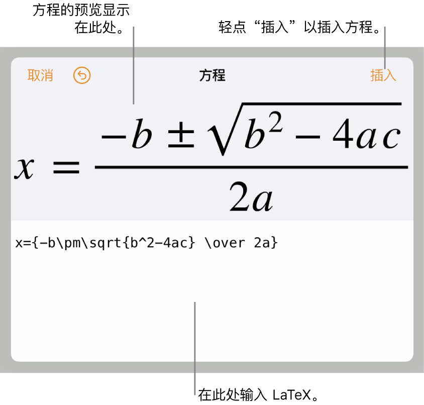 “方程”栏中使用 LaTeX 所写的二次公式以及下方公式的预览。