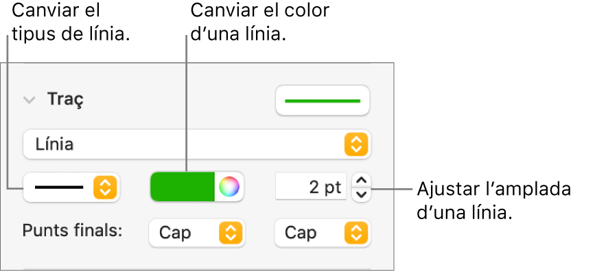 Els controls de traç per ajustar els punts finals, el gruix de la línia i el color.