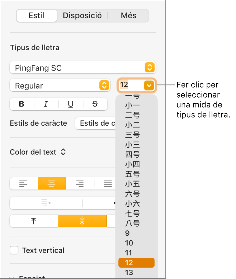La secció Estil de la barra lateral Format amb el menú desplegable de mides de lletra obert. Les mides de lletra estàndard del govern de la Xina continental es mostren a la part superior del menú desplegable amb les mides en punts a sota.