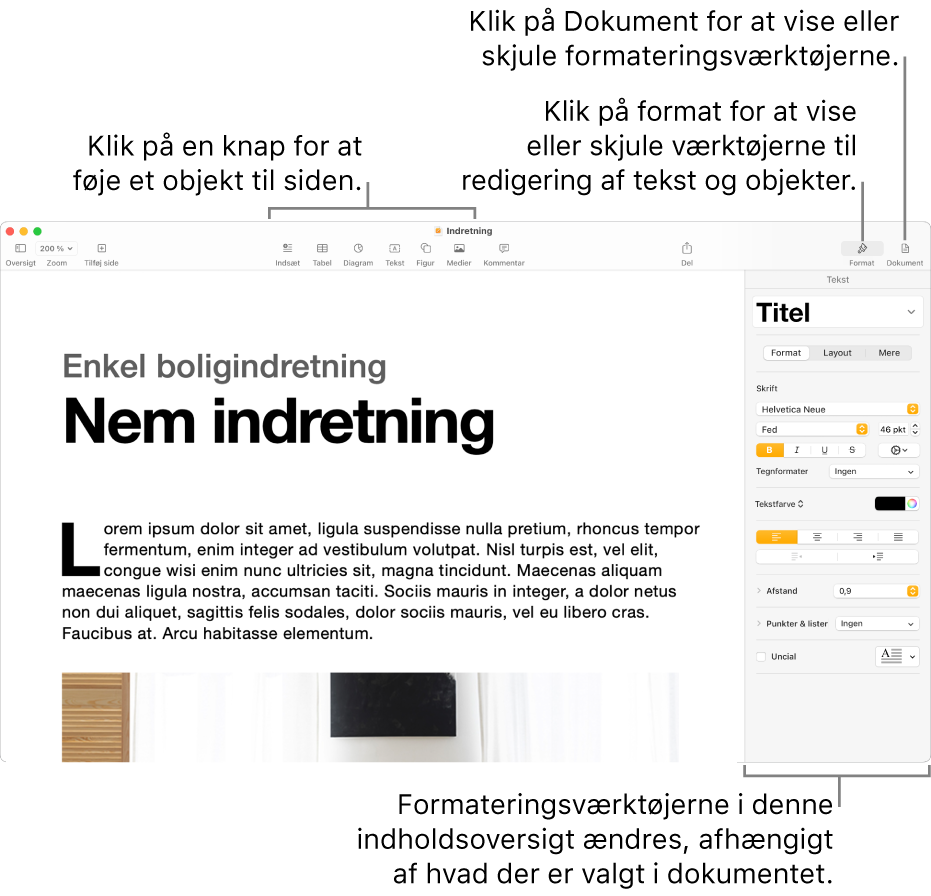 Pages-vinduet med knapper i indholdsoversigten til at tilføje objekter og åbne indholdsoversigter.