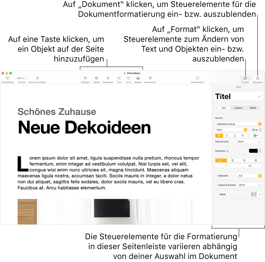 Das Pages-Fenster mit Tasten zum Hinzufügen von Objekten und zum Öffnen von Seitenleisten