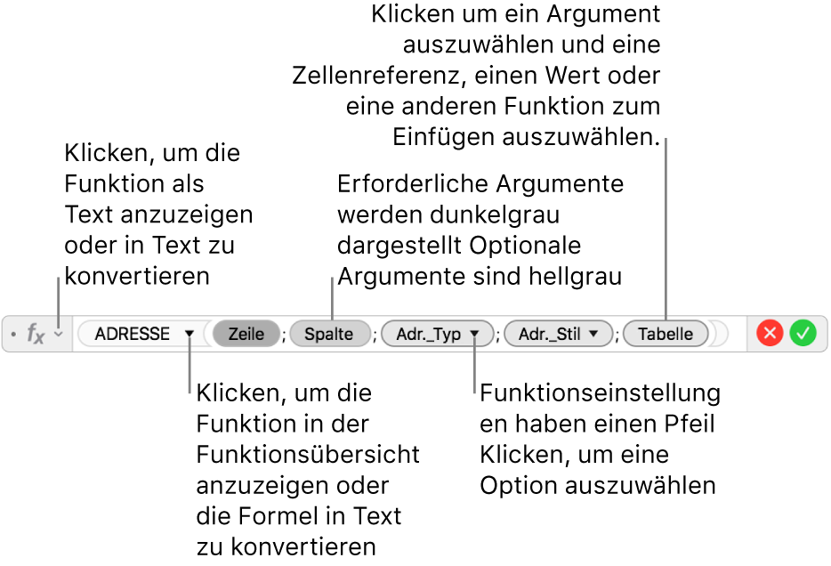 Der Formeleditor mit der Funktion ADRESSE und ihren Argument-Token