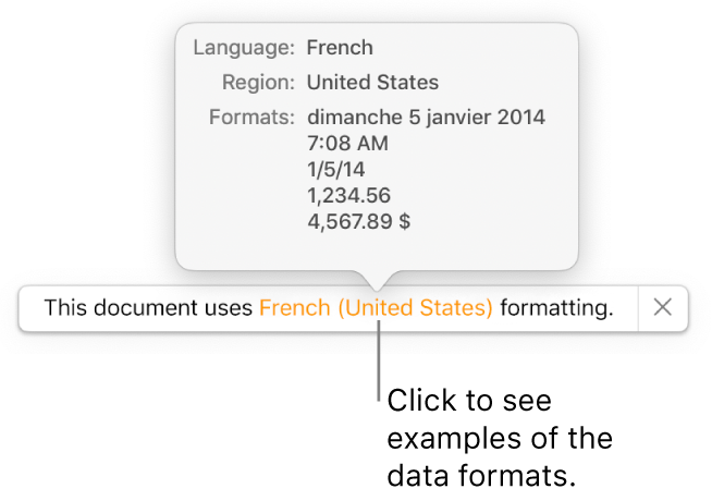 The notification of the different language and region settings, showing examples of formatting for that language and region.