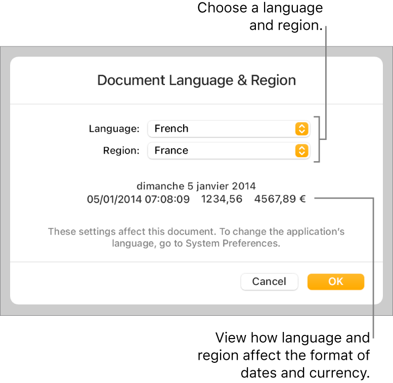 Language and Region pane with controls for language and region, and a format example including date, time, decimal and currency.