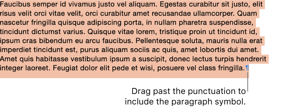 A paragraph selected, with the paragraph symbol included in the selection.