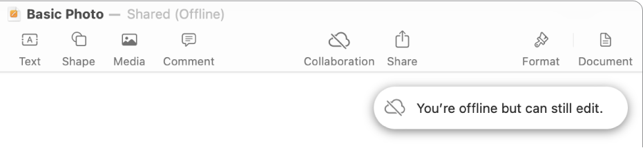The buttons at the top of the screen, with the Collaboration button changed to a cloud with a diagonal line through it. An alert on the screen says “You’re offline but can still edit”.