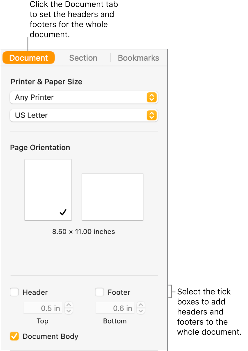The Document sidebar with the Document tab at the top of the sidebar selected. Below the Header and Footer tick boxes are arrows to change the distance of headers and footers from the top and bottom of the page.