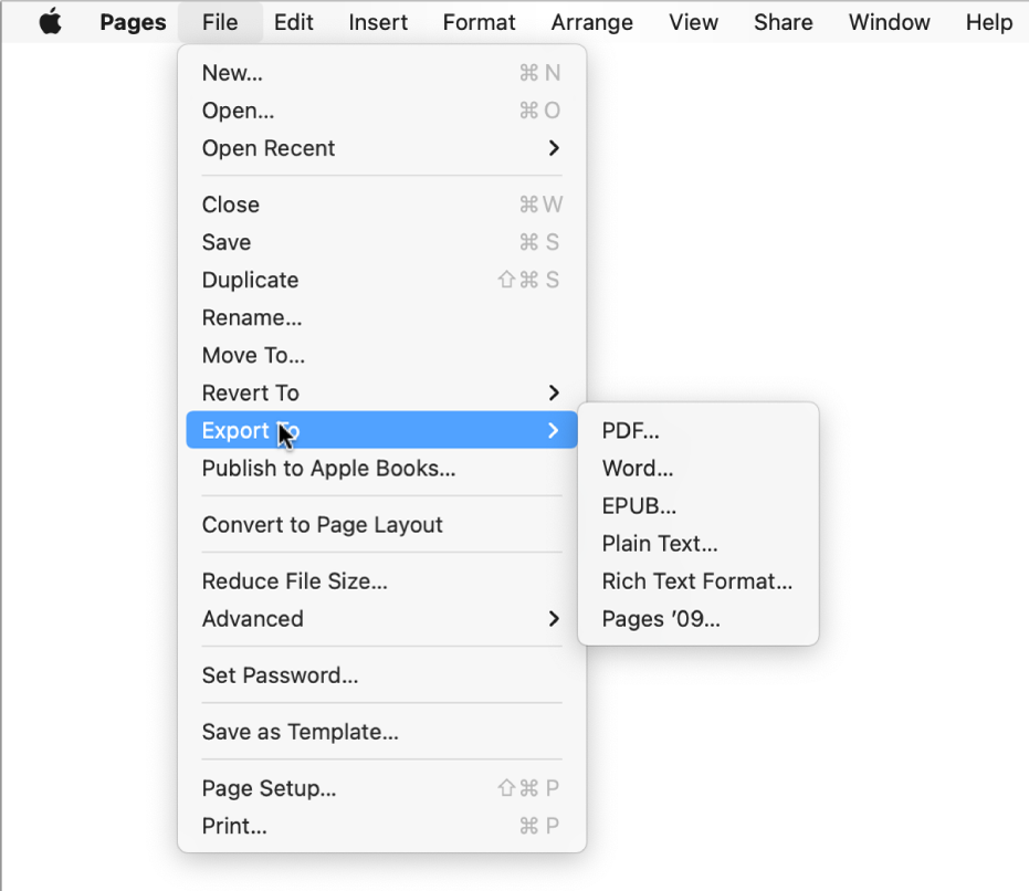 The File menu open with Export To selected, with its submenu showing export options for PDF, Word, Plain Text, Rich Text Format, EPUB, and Pages ’09.