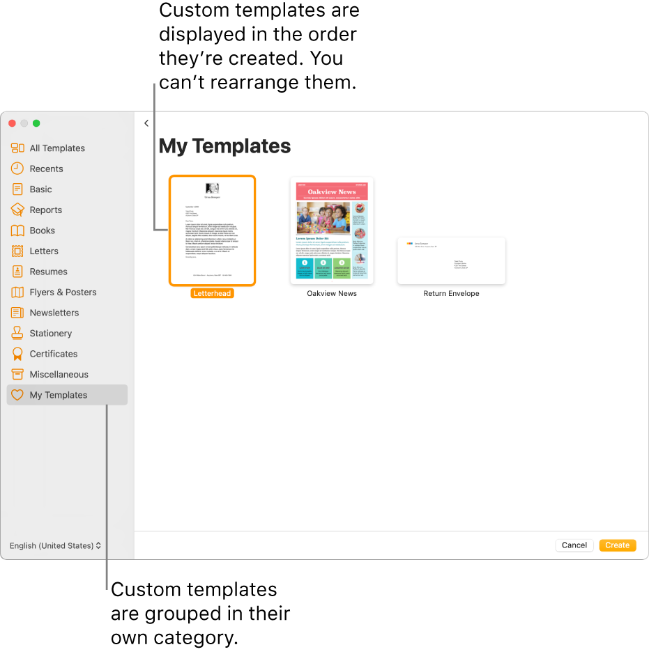 The template chooser with My Templates as the last category on the left. Custom templates are displayed in the order they are created and can’t be rearranged.