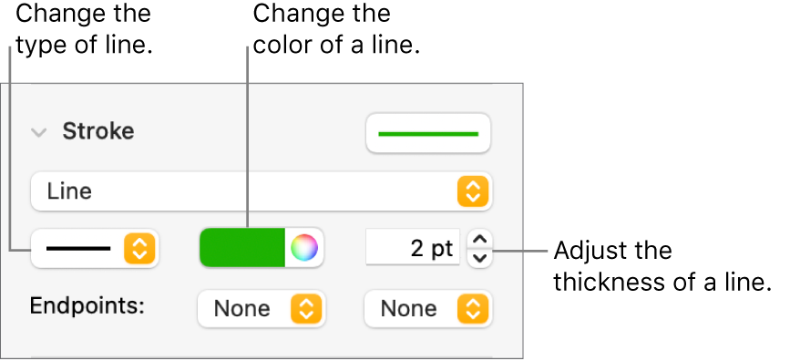 The stroke controls for setting endpoints, line thickness, and color.