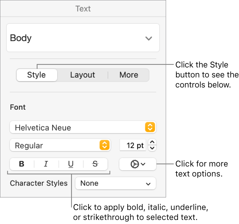 The Style controls in the Format sidebar with callouts to the Bold, Italic, Underline, and Strikethrough buttons.