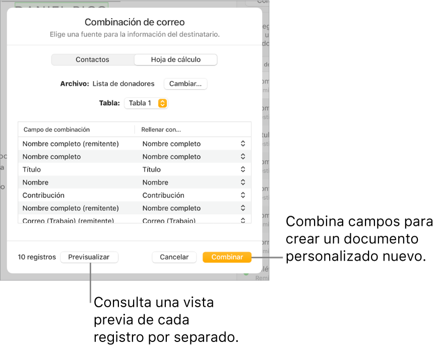 Panel Combinación de correo abierto, con opciones para cambiar el archivo o la tabla de origen, previsualizar los nombres de los campos de combinación o los registros individuales, o combinar el documento.