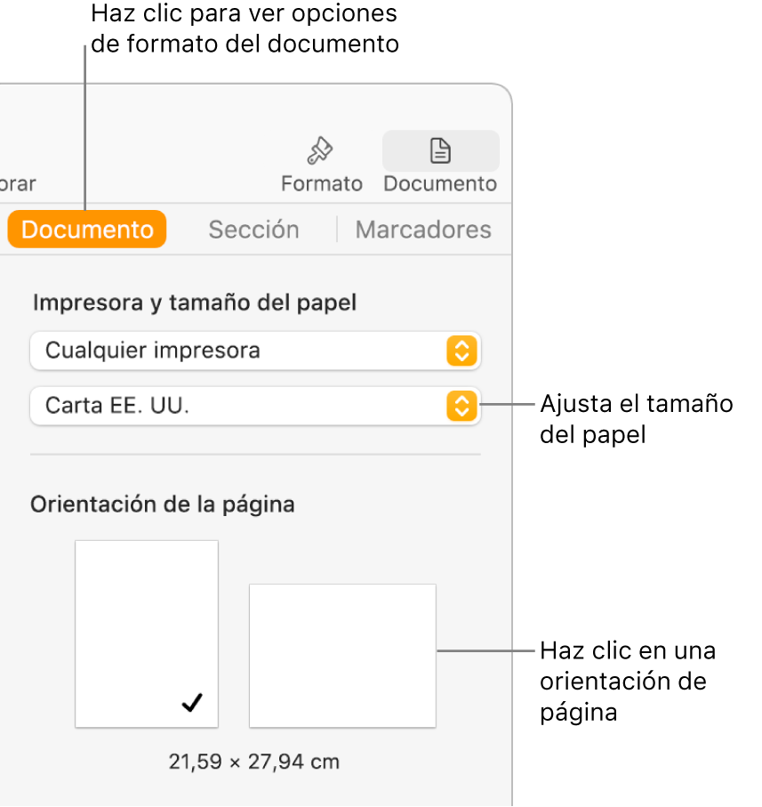 Ajustar el tamaño y la orientación en app Pages del Mac - Soporte técnico de (ES)