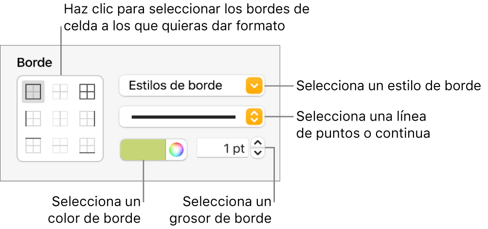 Controles para aplicar un estilo a los bordes de celda.