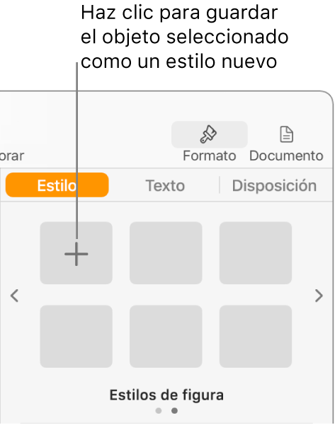 La pestaña Estilo de la barra lateral Formato con el botón “Crear estilo” en la esquina superior izquierda y cinco marcadores de posición de estilo vacíos.