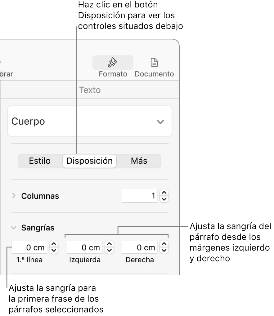 Controles de la sección Disposición de la barra lateral Formato para ajustar la sangría de la primera línea.