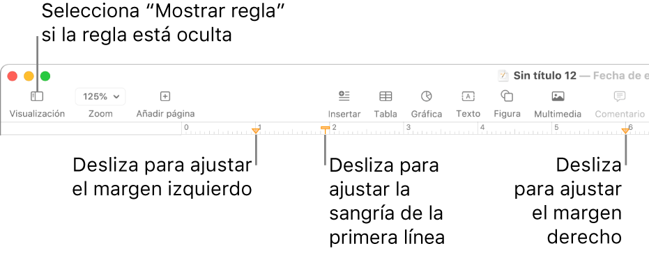 La regla con el control de margen izquierdo y el control de sangría de la primera línea.