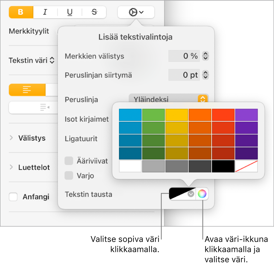 Tekstin taustavärin valinnan säätimet.