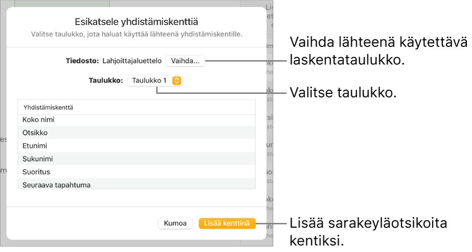 Yhdistämiskenttien esikatselu -näkymä avoinna, ja näkyvillä on valinnat lähdetiedoston tai -taulukon muuttamiseen, yhdistämiskenttien nimien esikatseluun tai sarakkeiden otsakkeiden lisäämiseen kenttinä.