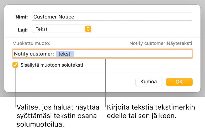 Muokatun solumuodon ikkuna, jossa on säätimiä muokattujen tekstimuotojen valitsemiseen.