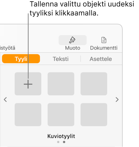 Muoto-sivupalkin Tyyli-välilehti, jonka vasemmassa yläkulmassa on Luo tyyli -painike ja viisi tyhjää tyylipaikanvaraajaa.