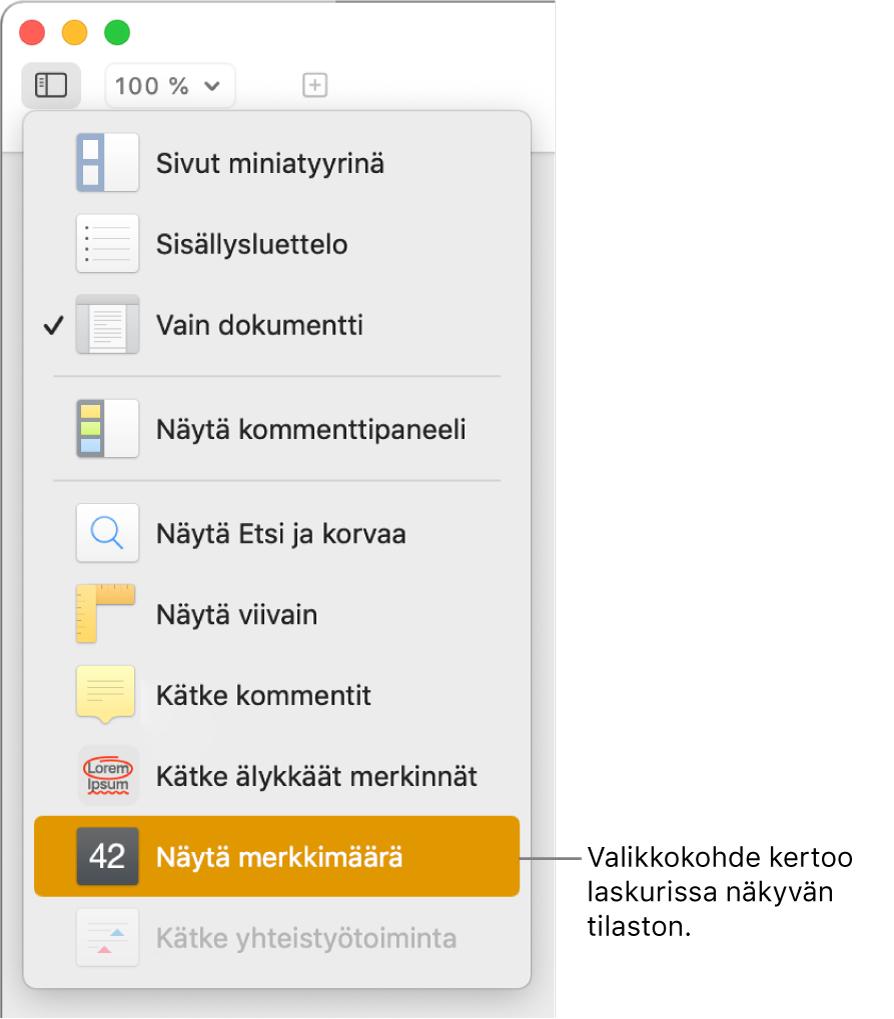 Näytä-valikkoon avoinna, ja sen alareunassa näkyy Näytä merkkimäärä.