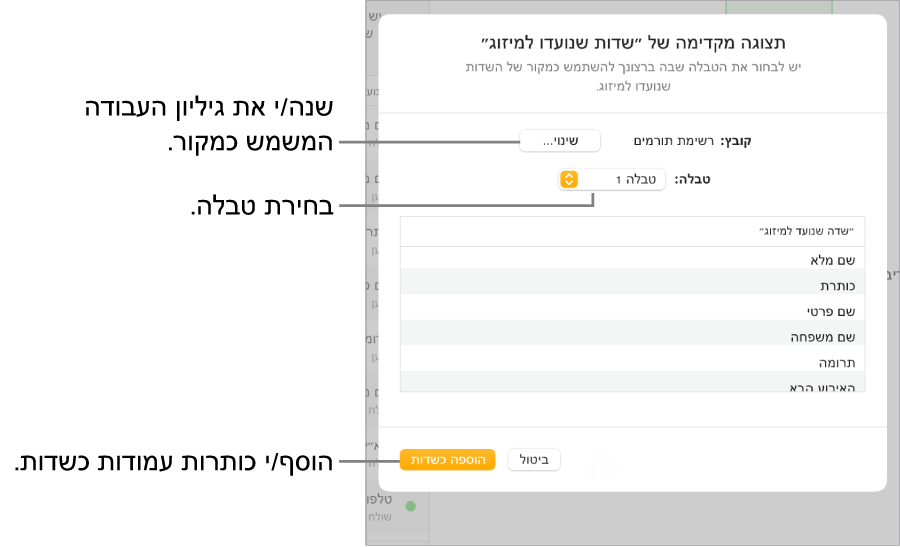 החלונית ״תצוגה מקדימה של ׳שדות שנועדו למיזוג׳״ פתוחה ומציגה אפשרויות לשינוי קובץ המקור או טבלת המקור, להצגת השמות של שדות המיזוג בתצוגה מקדימה או להוספה של כותרות עמודות לשימוש כשדות.