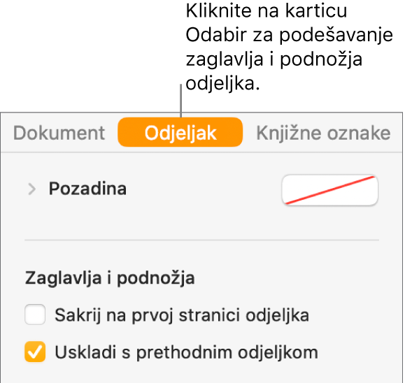 Rubni stupac Dokumenta s odabranom karticom Odjeljak pri vrhu rubnog stupca. Odjeljak Zaglavlja i podnožja rubnog stupca ima potvrdne kućice pokraj “Sakrij na prvoj stranici odjeljka“ i “Usklađivanje s prethodnim odjeljkom“.