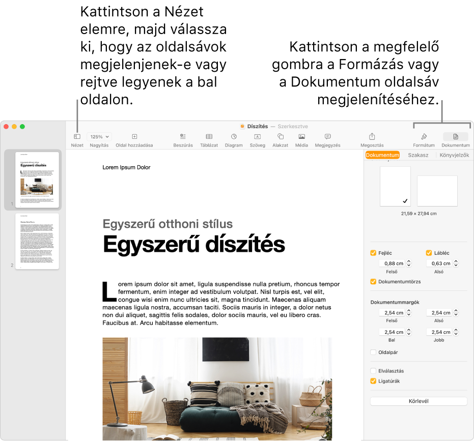 A Pages-ablak az eszközsoron található Nézet menü gombját, illetve a Formátum és Dokumentum gombokat ismertető ábrafeliratokkal. Az oldalsávok meg vannak nyitva a bal és a jobb oldalon.