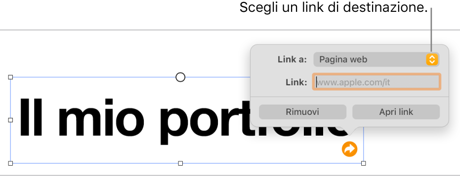 I controlli dell'editor dei link con la pagina web selezionata e con i pulsanti per rimuovere o aprire il link mostrati in basso.