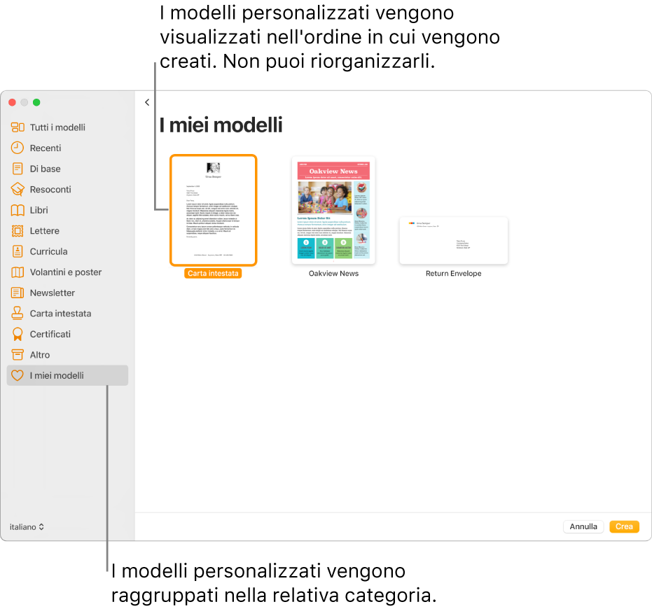 “Scelta modelli” con “I miei modelli” come ultima categoria a sinistra. I modelli personalizzati vengono visualizzati nell'ordine in cui sono stati creati e non possono essere riordinati.