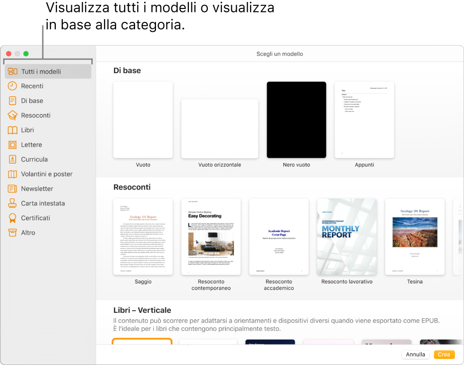 “Scelta modelli”. Una barra laterale sulla sinistra elenca le categorie di modelli su cui puoi fare clic per filtrare le opzioni. Sulla destra ci sono delle miniature di modelli con design predefinito disposte in riga per categoria, a partire da “Di base” in cima e seguite da Resoconti e Libri (con orientamento verticale). Il menu a comparsa per lingua e zona si trova nell'angolo inferiore sinistro, mentre i pulsanti Annulla e Crea si trovano nell'angolo inferiore destro.