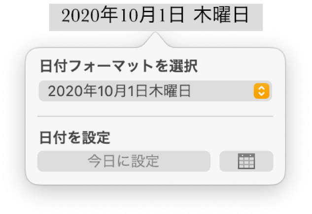 「日付と時刻」コントロール。日付フォーマットのポップアップメニューと「今日に設定」ボタンが表示された状態。