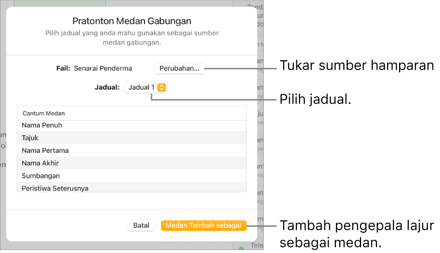 Anak tetingkap Medan Gabungan Pratonton, dengan pilihan untuk menukar fail sumber atau jadual, mempratonton nama medan gabungan atau menambah pengepala lajur sebagai medan.