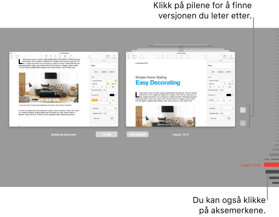 Versjoner-tidslinjen, som viser gjeldende dokument til venstre og en tidligere versjon til høyre.