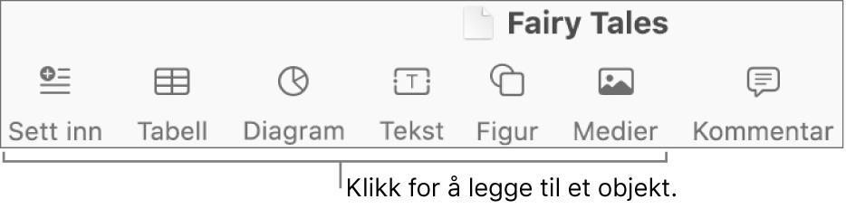 Pages-verktøylinje med Tabell-, Diagram-, Tekst-, Figur- og Medier-knapper.