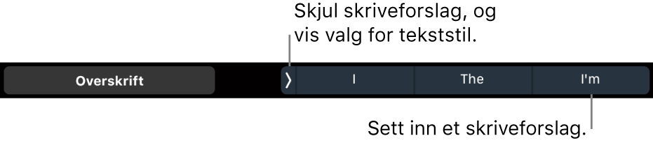 Touch Bar på MacBook Pro med kontroller for å velge en tekststil, skjule skriveforslag, og sette inn skriveforslag.