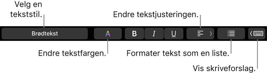 Touch Bar på MacBook Pro med kontroller for å velge en tekststil, endre tekstfargen, endre tekstjusteringen, formatere tekst som en liste og vise tekstforslag.